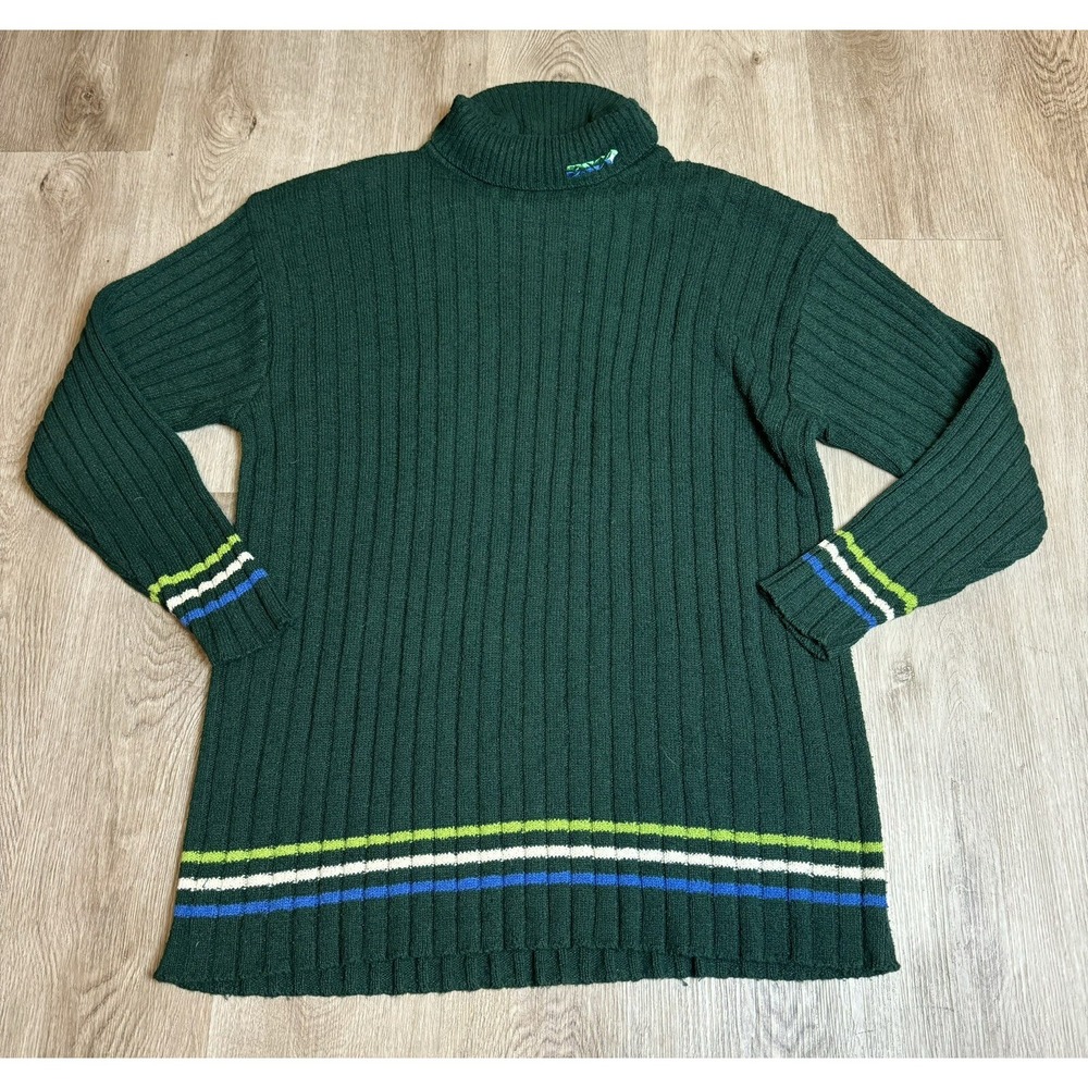 Willie Esco Mens XL Green Ribbed Knit Striped Turtleneck Sweater